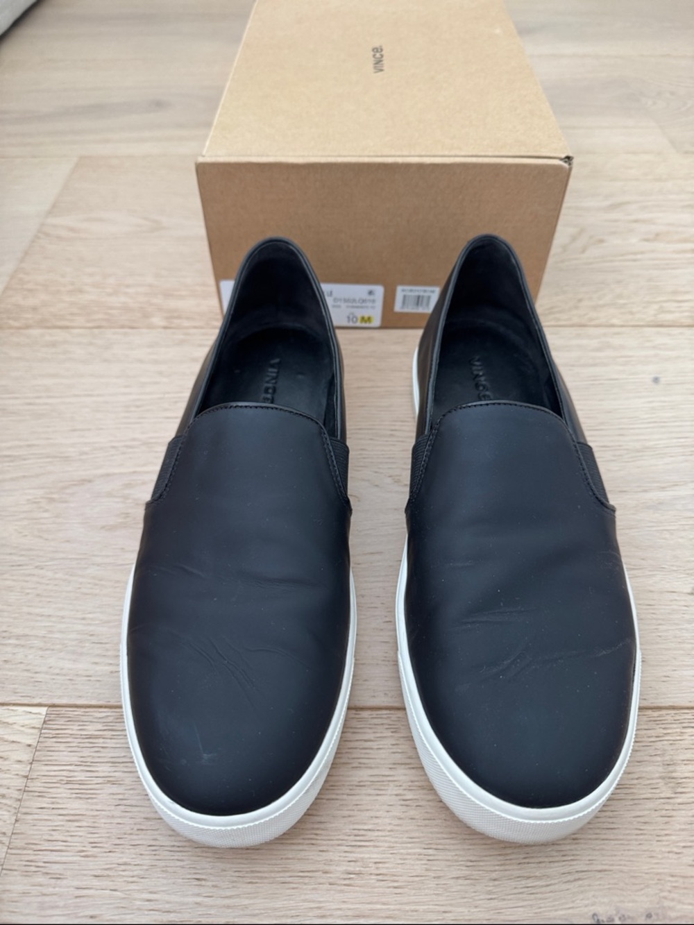 Vince, Women’s Blair, Black LEATHER Platform Slip-On Sneakers with White Sole.